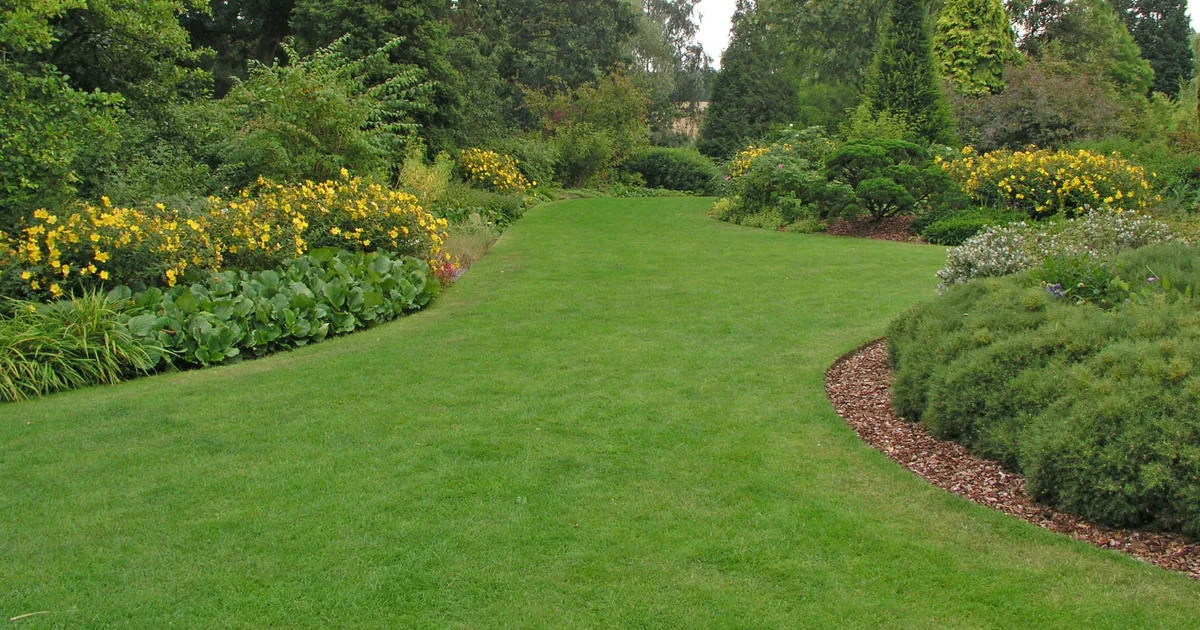 Gepflegter Garten mit Rasen und Blumenbeeten