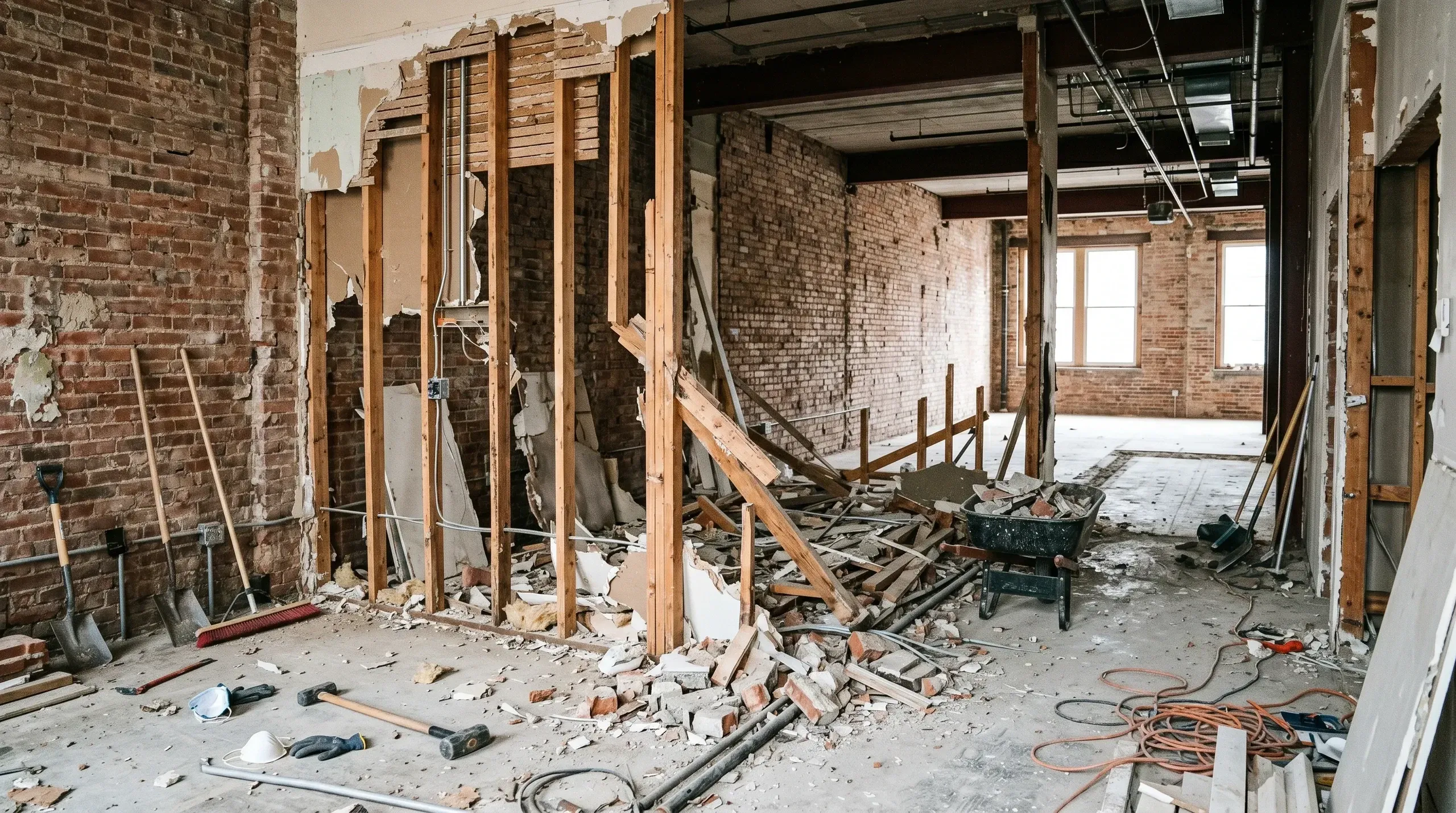 Abbrucharbeiten im Innenbereich mit freiliegenden Ziegelwänden und Bauschutt