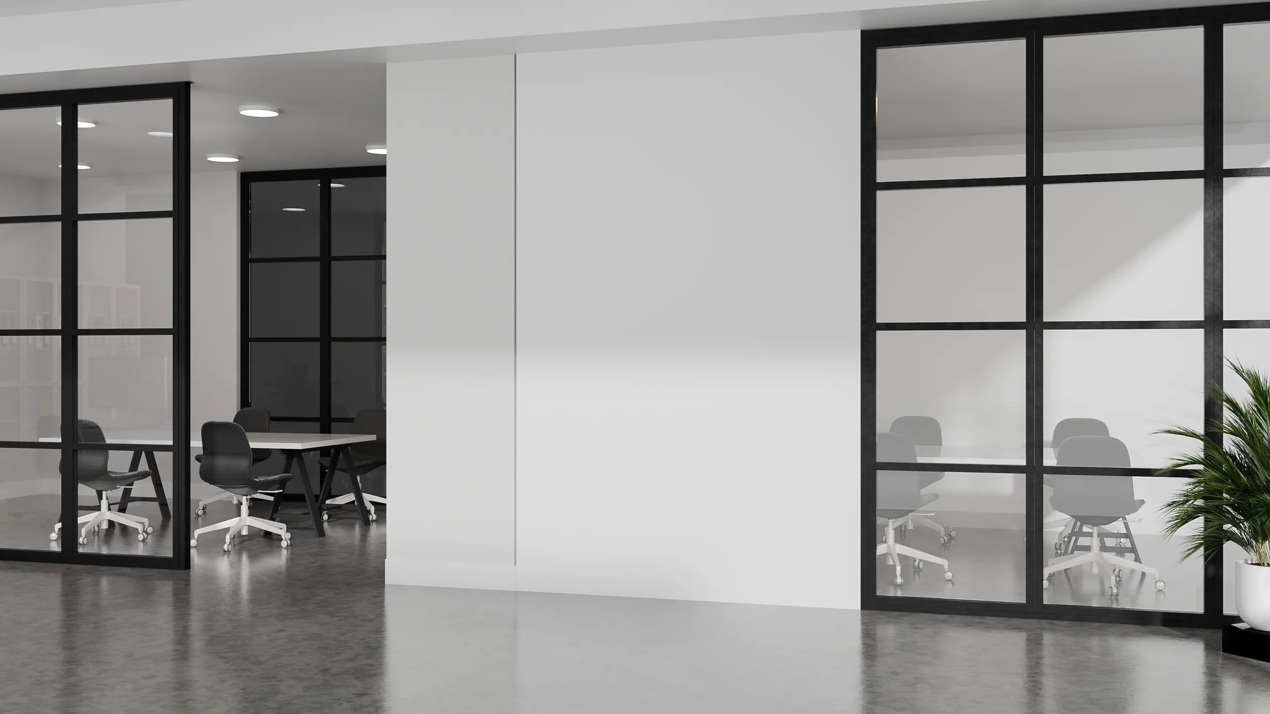 Modernes Büro mit Glaswänden und stilvollen Möbeln für Innenausbau und Montagearbeiten
