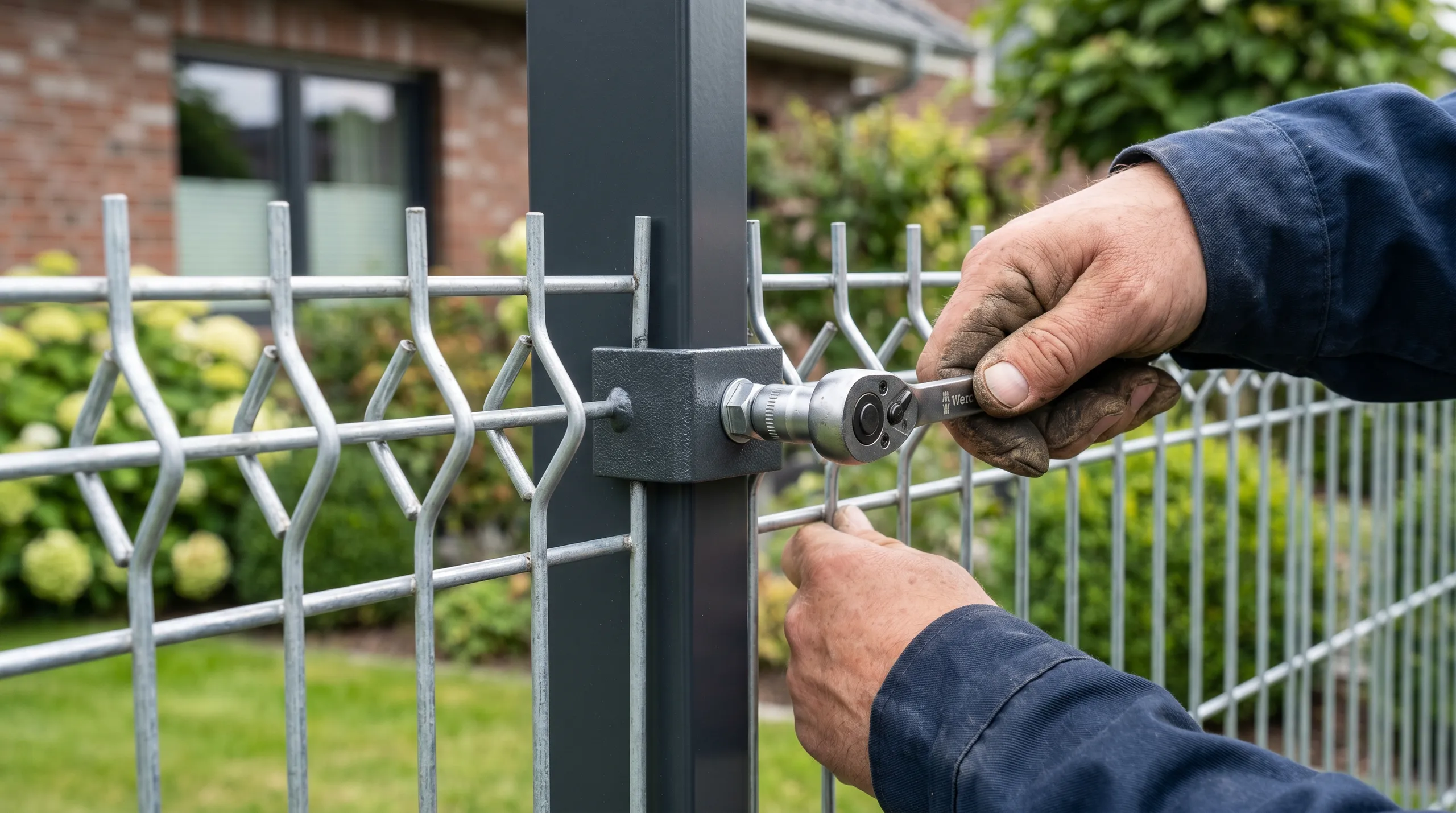 Montagearbeiten an einem Zaun mit Handwerkzeugen im Garten